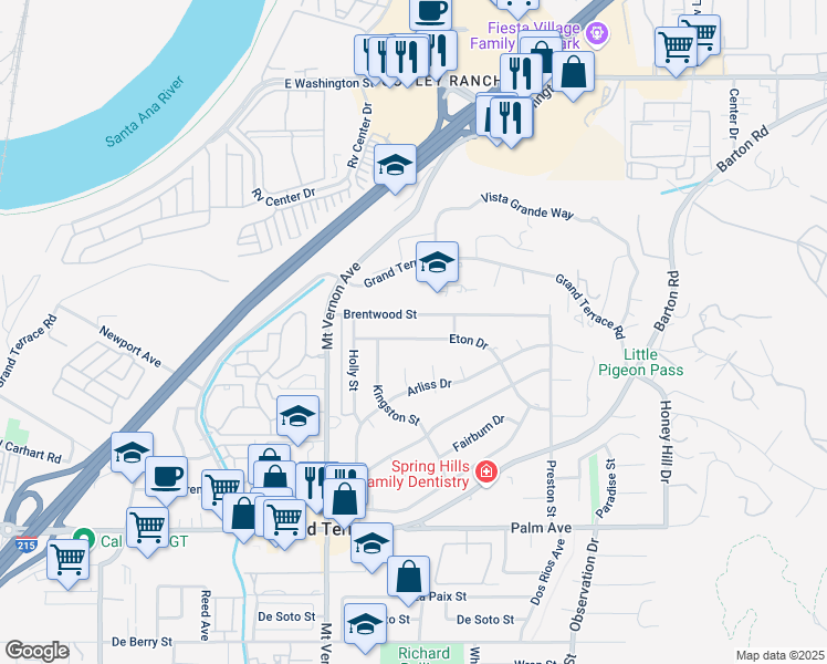 map of restaurants, bars, coffee shops, grocery stores, and more near 22648 Brentwood Street in Grand Terrace