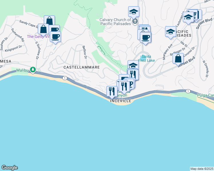 map of restaurants, bars, coffee shops, grocery stores, and more near 17480 Revello Drive in Los Angeles
