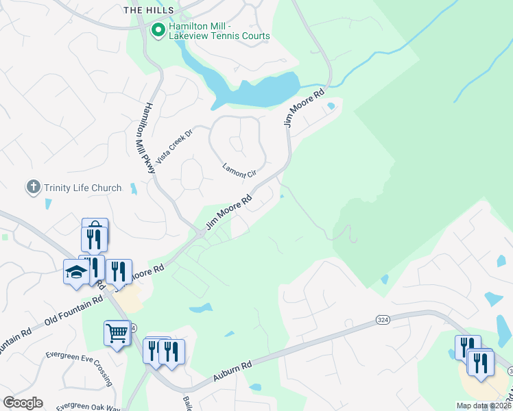 map of restaurants, bars, coffee shops, grocery stores, and more near 3276 Thimbleberry Trail in Dacula