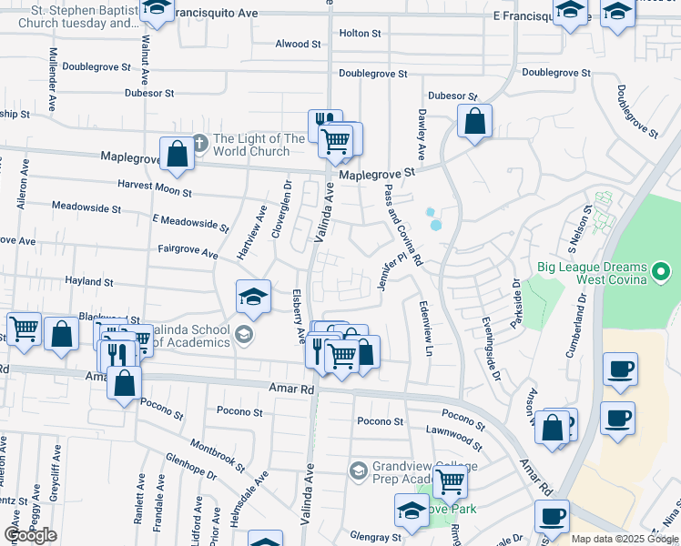 map of restaurants, bars, coffee shops, grocery stores, and more near 1814 South Summerplace Drive in West Covina