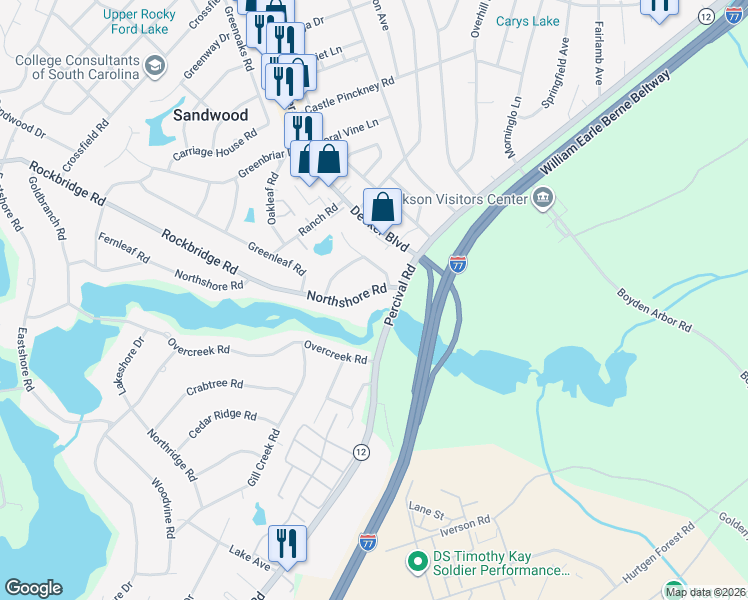 map of restaurants, bars, coffee shops, grocery stores, and more near 3417 Northshore Road in Columbia