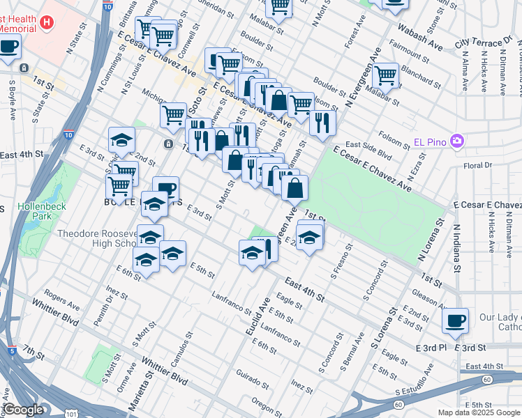 map of restaurants, bars, coffee shops, grocery stores, and more near 2820 East 1st Street in Los Angeles