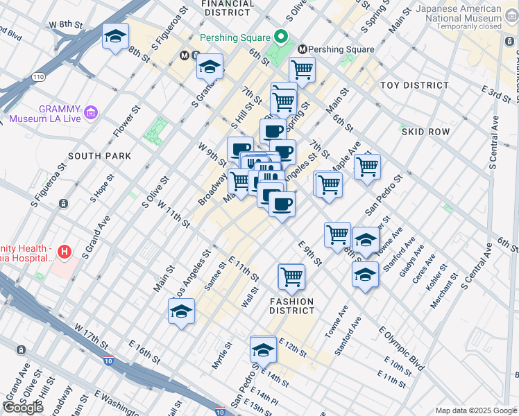 map of restaurants, bars, coffee shops, grocery stores, and more near 862 South Los Angeles Street in Los Angeles