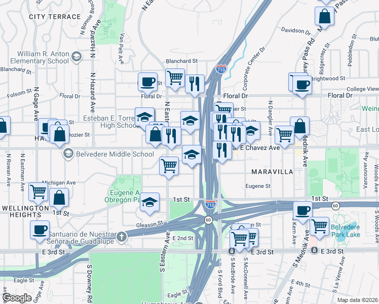 map of restaurants, bars, coffee shops, grocery stores, and more near in East Los Angeles