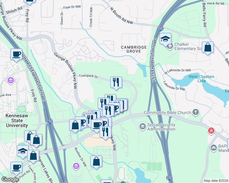 map of restaurants, bars, coffee shops, grocery stores, and more near 225 Townpark Drive in Kennesaw