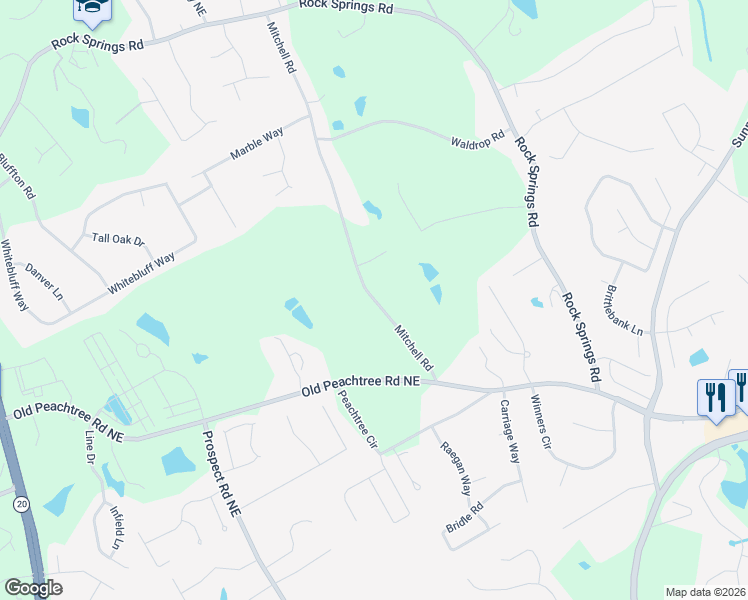 map of restaurants, bars, coffee shops, grocery stores, and more near 2275 Mitchell Road in Lawrenceville
