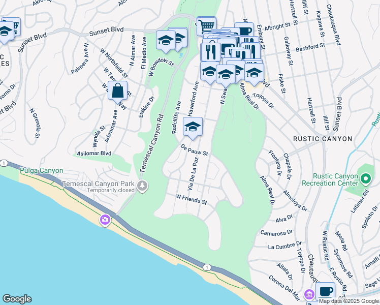 map of restaurants, bars, coffee shops, grocery stores, and more near 15444 De Pauw Street in Los Angeles