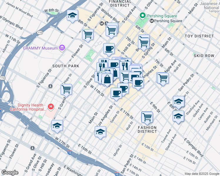 map of restaurants, bars, coffee shops, grocery stores, and more near 952 South Broadway in Los Angeles
