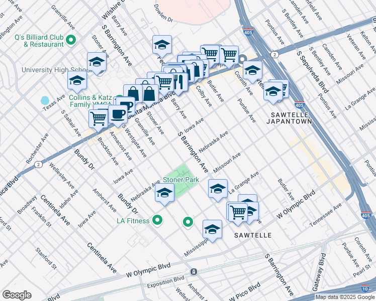 map of restaurants, bars, coffee shops, grocery stores, and more near 1741 South Barrington Avenue in Los Angeles
