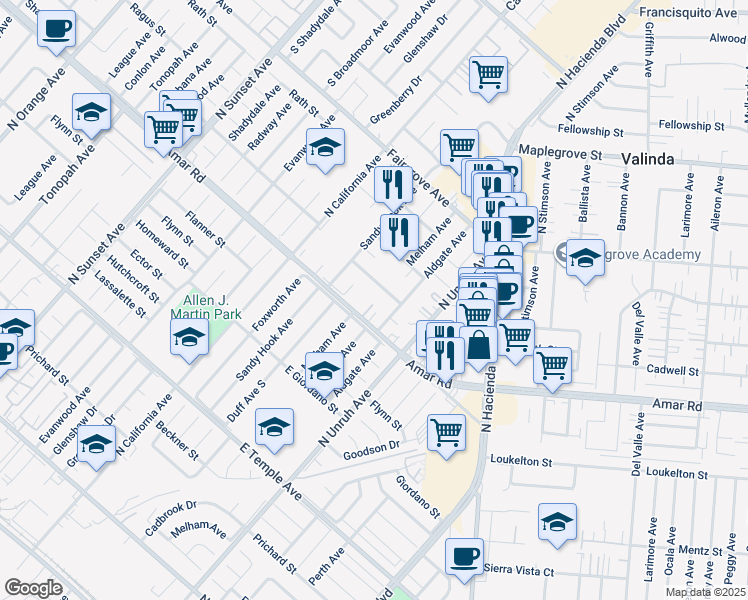 map of restaurants, bars, coffee shops, grocery stores, and more near 15024 Blackwood Street in La Puente