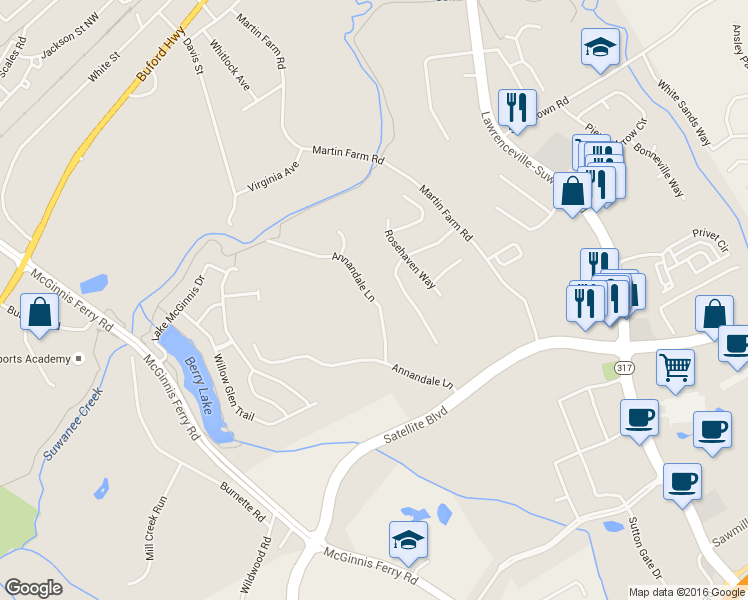 map of restaurants, bars, coffee shops, grocery stores, and more near 3835 Annandale Lane in Suwanee