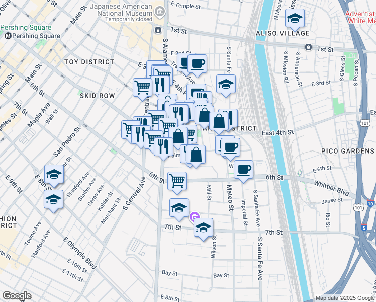 map of restaurants, bars, coffee shops, grocery stores, and more near 527 Colyton Street in Los Angeles