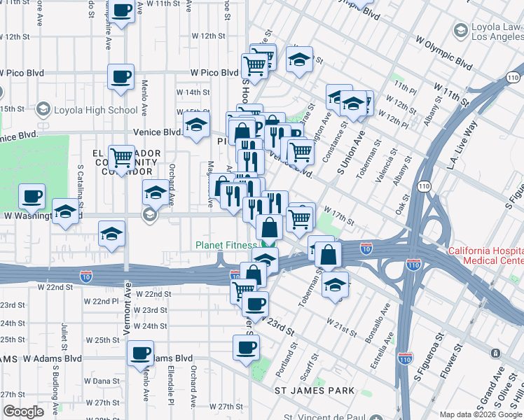 map of restaurants, bars, coffee shops, grocery stores, and more near 1824 South Hoover Street in Los Angeles