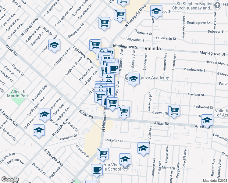 map of restaurants, bars, coffee shops, grocery stores, and more near 15426 Hayland Street in La Puente