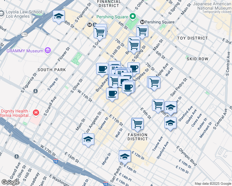 map of restaurants, bars, coffee shops, grocery stores, and more near 112 West 9th Street in Los Angeles