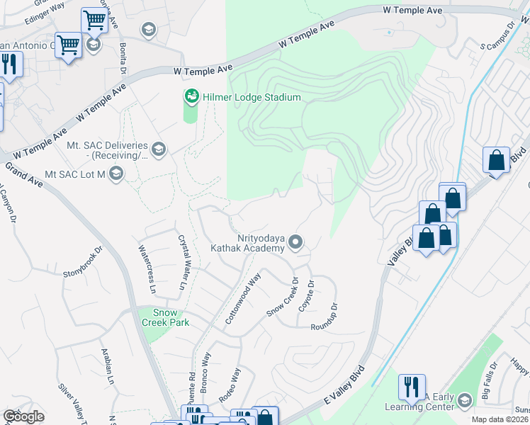 map of restaurants, bars, coffee shops, grocery stores, and more near 21852 Buckskin Drive in Walnut