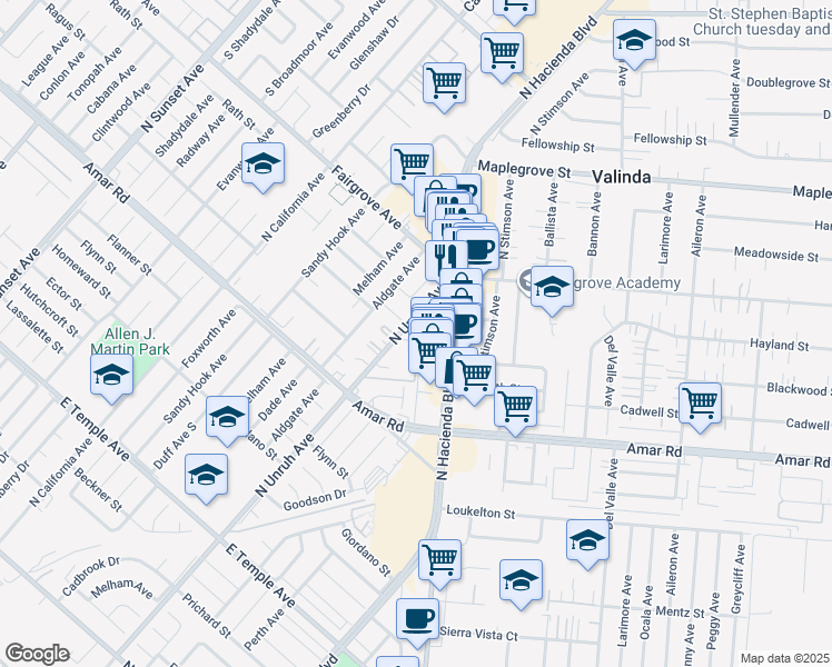 map of restaurants, bars, coffee shops, grocery stores, and more near 1126 Egan Avenue in La Puente