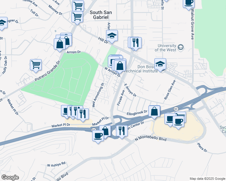 map of restaurants, bars, coffee shops, grocery stores, and more near 1826 Rainbow Terrace Lane in Montebello