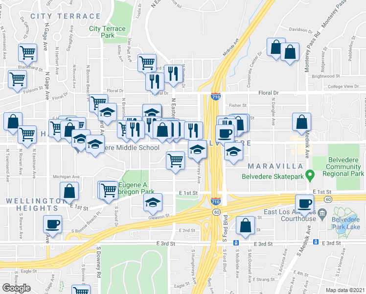 map of restaurants, bars, coffee shops, grocery stores, and more near 4315 East Cesar E Chavez Avenue in East Los Angeles