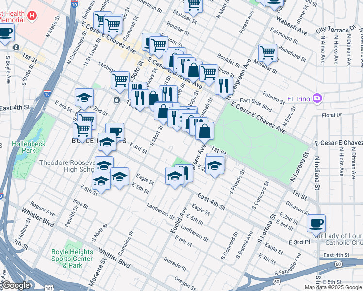 map of restaurants, bars, coffee shops, grocery stores, and more near 2820 East 1st Street in Los Angeles