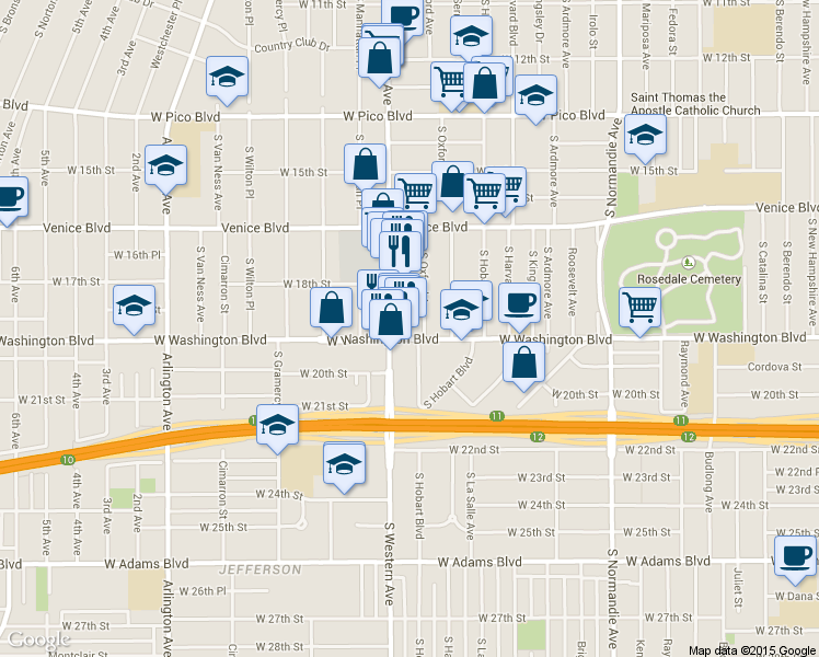 map of restaurants, bars, coffee shops, grocery stores, and more near 1819 South Oxford Avenue in Los Angeles