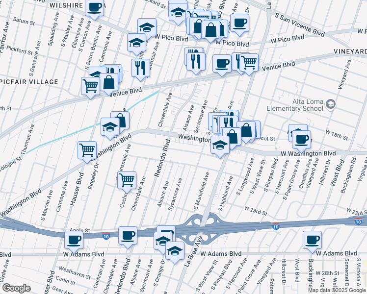 map of restaurants, bars, coffee shops, grocery stores, and more near 5112 Washington Boulevard in Los Angeles