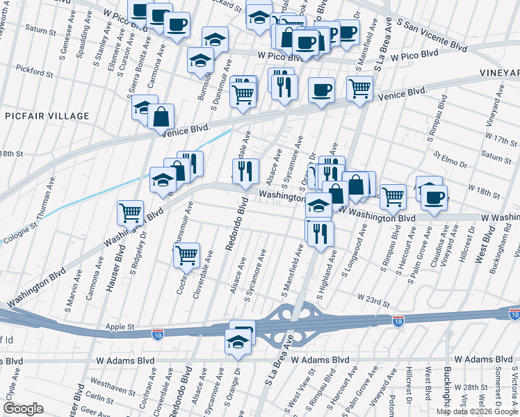 map of restaurants, bars, coffee shops, grocery stores, and more near 5112 Washington Boulevard in Los Angeles