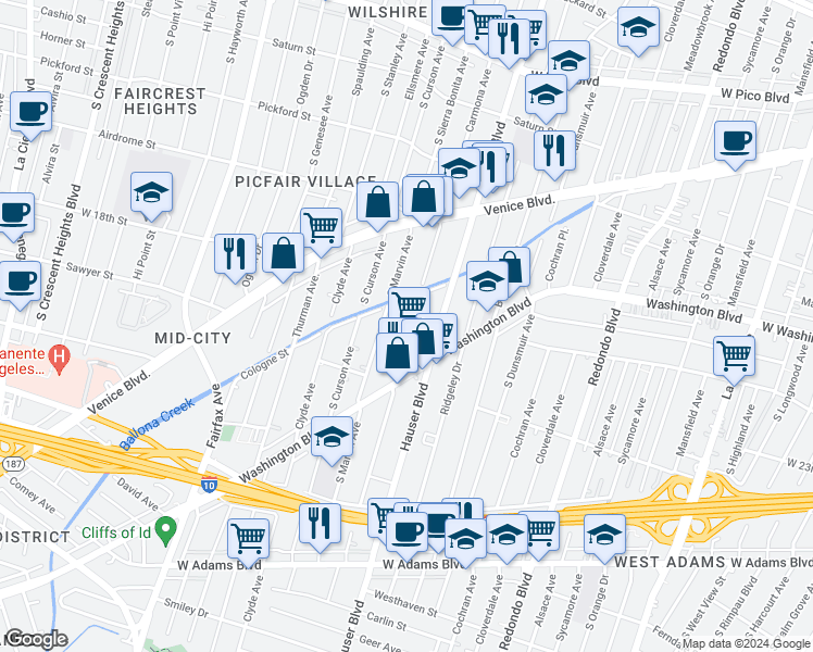 map of restaurants, bars, coffee shops, grocery stores, and more near 1800 South Marvin Avenue in Los Angeles