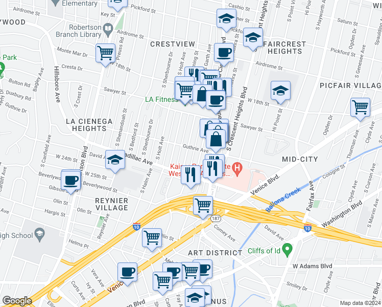 map of restaurants, bars, coffee shops, grocery stores, and more near 1974 South Garth Avenue in Los Angeles