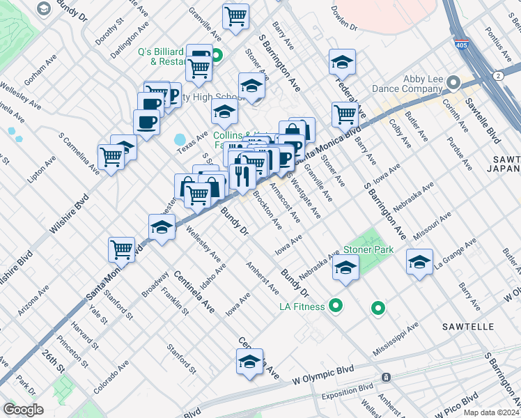 map of restaurants, bars, coffee shops, grocery stores, and more near in Los Angeles