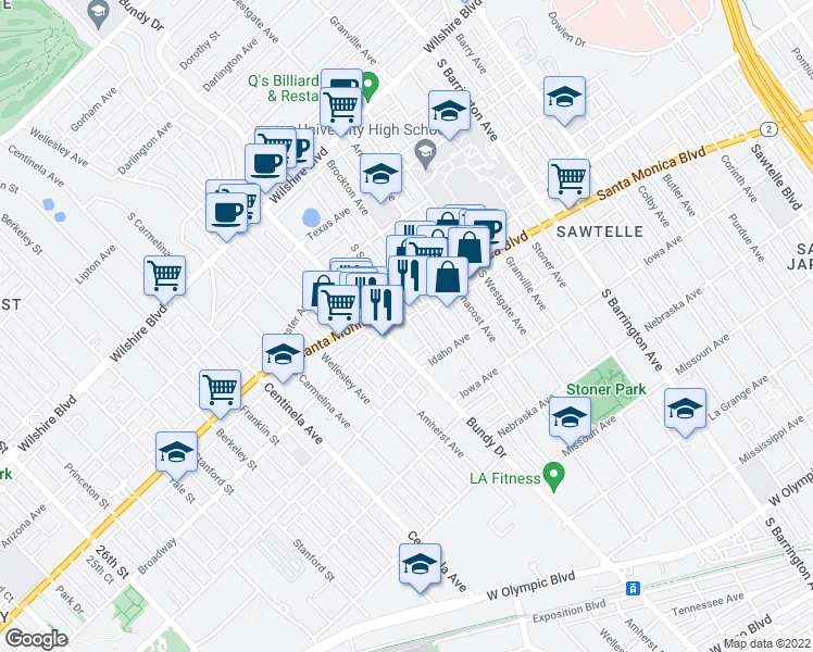 map of restaurants, bars, coffee shops, grocery stores, and more near 12003 California 2 in Los Angeles