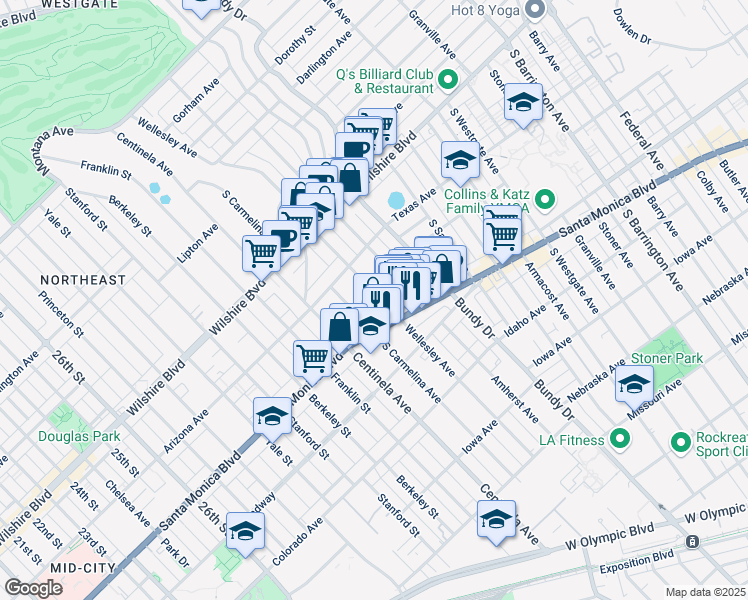 map of restaurants, bars, coffee shops, grocery stores, and more near 1322 Wellesley Avenue in Los Angeles