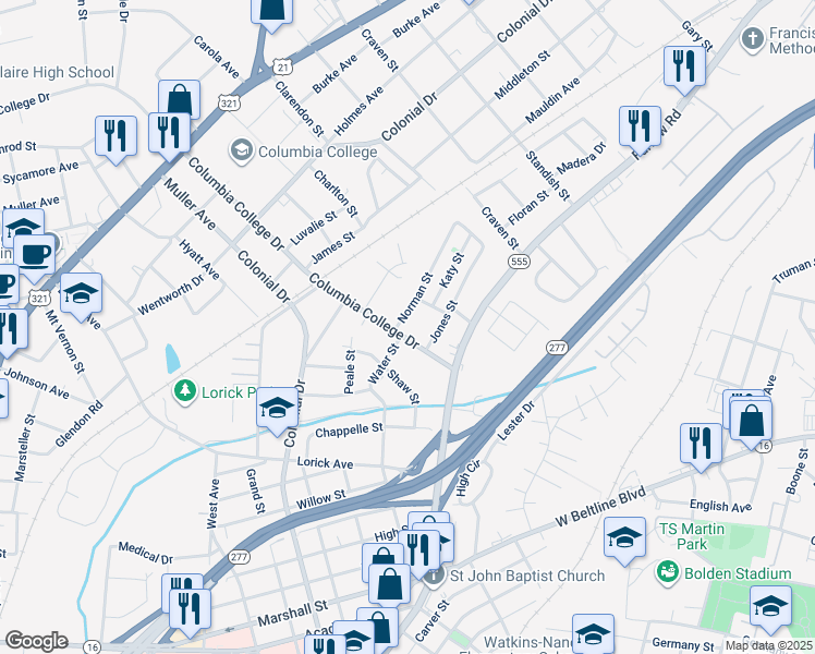map of restaurants, bars, coffee shops, grocery stores, and more near 1800 Isabel Street in Columbia