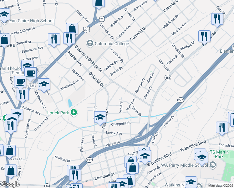 map of restaurants, bars, coffee shops, grocery stores, and more near 1630 Columbia College Drive in Columbia