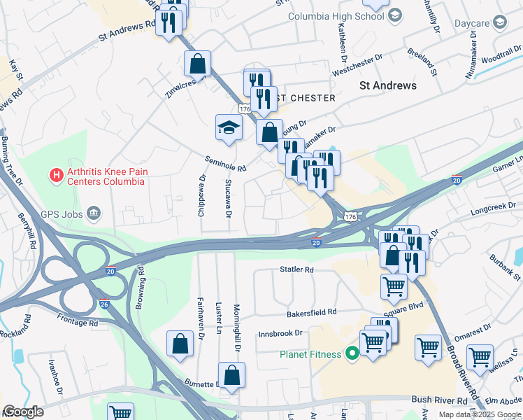 map of restaurants, bars, coffee shops, grocery stores, and more near 923 Old Manor Road in Columbia
