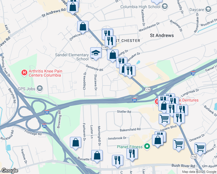 map of restaurants, bars, coffee shops, grocery stores, and more near 923 Old Manor Road in Columbia