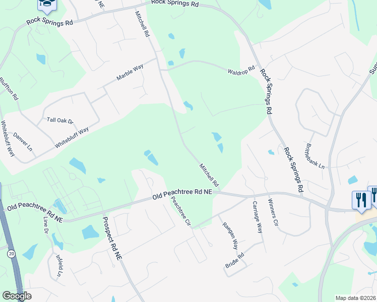 map of restaurants, bars, coffee shops, grocery stores, and more near 2275 Mitchell Road in Lawrenceville