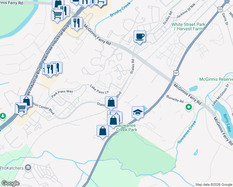 map of restaurants, bars, coffee shops, grocery stores, and more near 1165 Station Center Boulevard in Suwanee