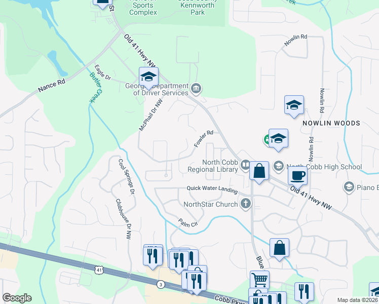 map of restaurants, bars, coffee shops, grocery stores, and more near 3627 Clubside Walk in Kennesaw