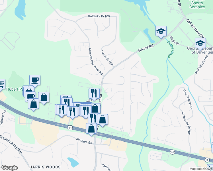 map of restaurants, bars, coffee shops, grocery stores, and more near 4193 Haynes Mill Court Northwest in Kennesaw