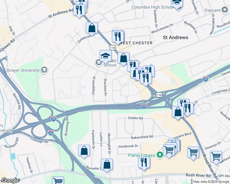 map of restaurants, bars, coffee shops, grocery stores, and more near 923 Old Manor Road in Columbia