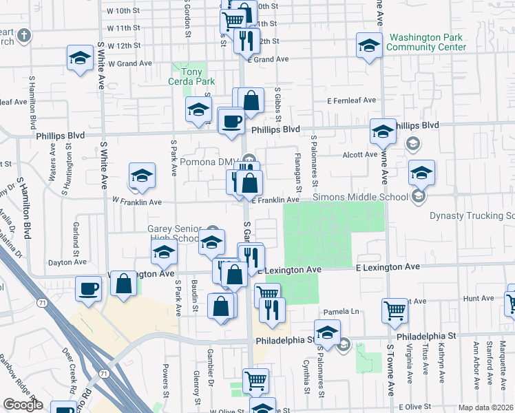 map of restaurants, bars, coffee shops, grocery stores, and more near 160 East Franklin Avenue in Pomona