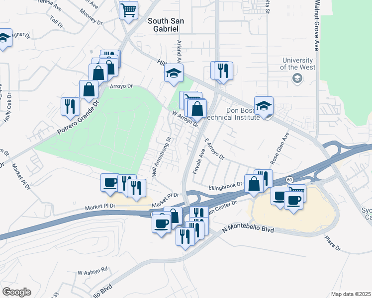 map of restaurants, bars, coffee shops, grocery stores, and more near 1767 South Bradbury Drive in Montebello