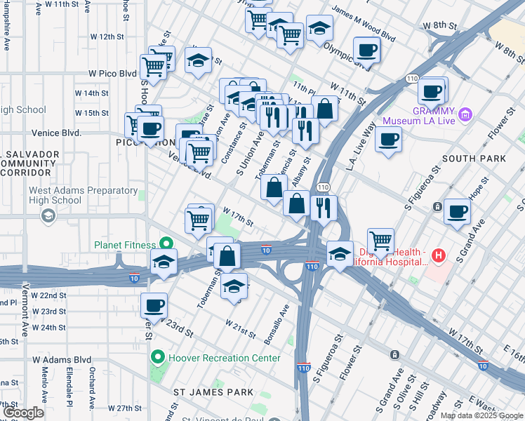 map of restaurants, bars, coffee shops, grocery stores, and more near 1438 Valencia Street in Los Angeles