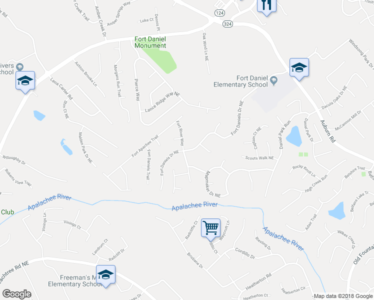 map of restaurants, bars, coffee shops, grocery stores, and more near 2395 Fort Daniels Drive Northeast in Dacula