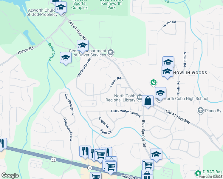 map of restaurants, bars, coffee shops, grocery stores, and more near 3650 Fowler Road in Kennesaw
