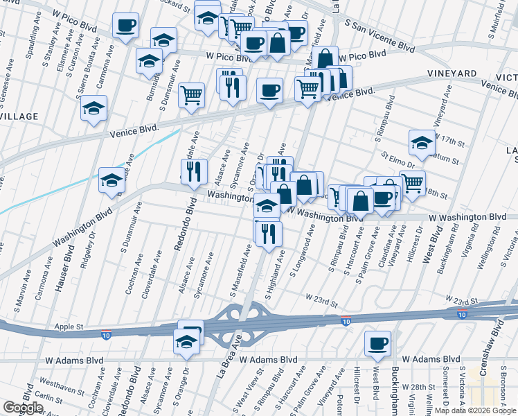 map of restaurants, bars, coffee shops, grocery stores, and more near in Los Angeles