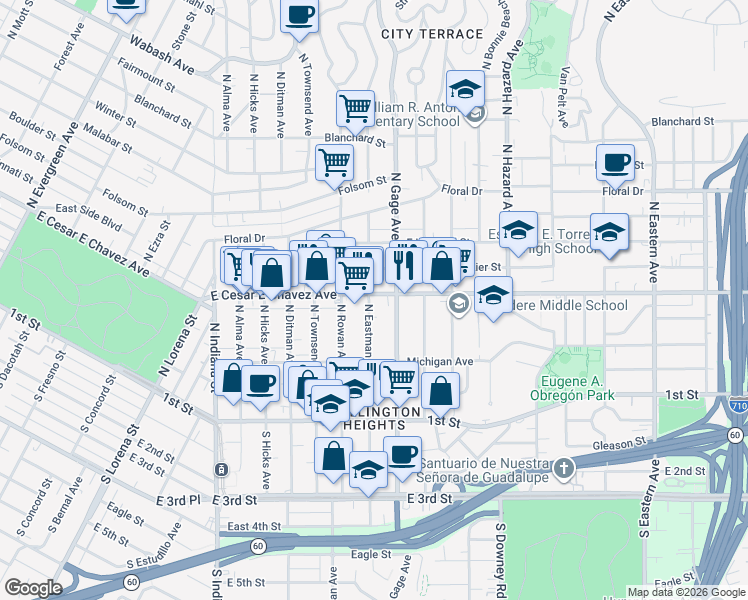 map of restaurants, bars, coffee shops, grocery stores, and more near in East Los Angeles