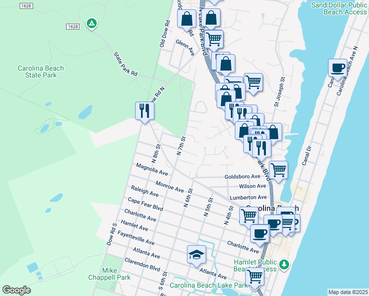 map of restaurants, bars, coffee shops, grocery stores, and more near 500 North 7th Street in Carolina Beach