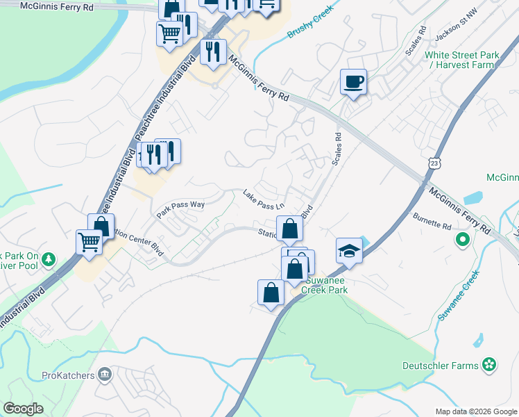 map of restaurants, bars, coffee shops, grocery stores, and more near 3866 Lake Pass Point in Suwanee